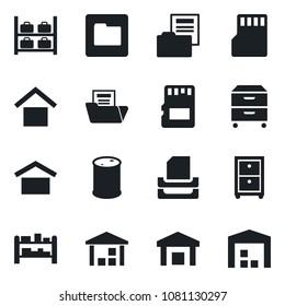 Set of vector isolated black icon - luggage storage vector, warehouse, oil barrel, rack, sd, folder, document, paper tray, archive box