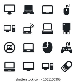 Set of vector isolated black icon - no laptop vector, wireless notebook, mouse, pc, gamepad, monitor, usb flash