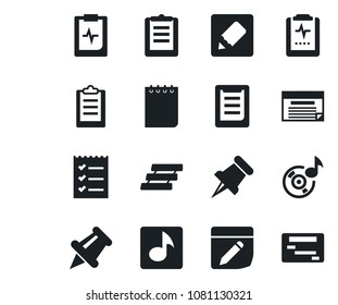 Set of vector isolated black icon - notepad vector, pulse clipboard, paper pin, notes, music, checklist, tray, schedule