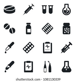 Set Of Vector Isolated Black Icon - Syringe Vector, Blood Test Vial, Dropper, Pills, Bottle, Blister, Ampoule, Pulse Clipboard, Flask