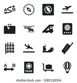 Set of vector isolated black icon - suitcase vector, departure, arrival, baggage trolley, passport, ladder car, helicopter, seat map, sea shipping, route, compass, air balloon