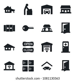 Set of vector isolated black icon - automatic door vector, baby room, medical, checkroom, house with garage, key, cafe building, open close, gate control