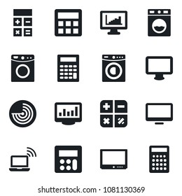 Set of vector isolated black icon - wireless notebook vector, radar, calculator, tv, monitor, statistics, washer