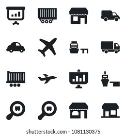 Set of vector isolated black icon - shop vector, plane, truck trailer, car delivery, sea port, search cargo, presentation, storefront
