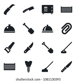 Set of vector isolated black icon - safe vector, job, saw, hoe, garden knife, implant, cargo container, paper clip, dish