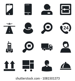 Set of vector isolated black icon - runway vector, office phone, 24 hours, support, car delivery, consolidated cargo, up side sign, search, cell, scanner, dish
