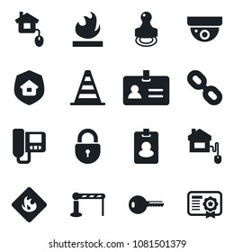 Set of vector isolated black icon - barrier vector, identity, border cone, lock, flammable, chain, stamp, key, estate insurance, home control, intercom, pass card, surveillance, certificate