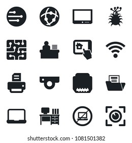 Set of vector isolated black icon - no laptop vector, desk, printer, virus, tv, hdmi, network, wireless, document folder, manager, notebook pc, chip, web camera, home control app, eye scan