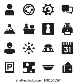 Set of vector isolated black icon - parking vector, female, hierarchy, manager place, patient, network, dialog, user, calendar, root setup, printer, cafe building, bowl, cheese, motivation, wallet