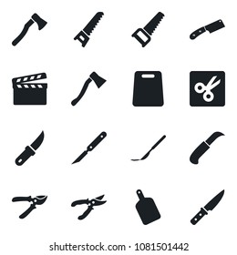 Set of vector isolated black icon - pruner vector, saw, garden knife, axe, scalpel, clapboard, cut, cutting board