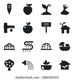 Set of vector isolated black icon - watering vector, sprout, plant label, greenhouse, drip irrigation, fruit tree, salad, apple, eco house