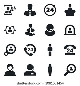 Set of vector isolated black icon - 24 around vector, reception, manager, hours, support, client, hr, consumer search
