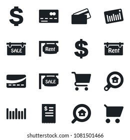 Set of vector isolated black icon - credit card vector, dollar sign, barcode, sale, rent, estate search, receipt, cart
