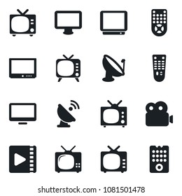 Set of vector isolated black icon - tv vector, satellite antenna, remote control, monitor, video