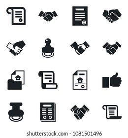 Set of vector isolated black icon - handshake vector, contract, finger up, stamp, estate document