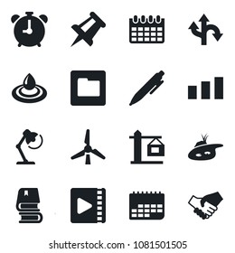 Set of vector isolated black icon - alarm clock vector, pen, drawing pin, calendar, route, term, sorting, folder, video, desk lamp, book, pond, windmill, crane, water, handshake