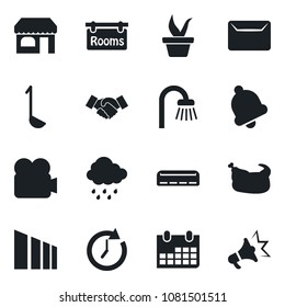 Set of vector isolated black icon - shop vector, handshake, calendar, seedling, rain, sorting, video camera, bell, mail, rooms, bathroom, air conditioner, chicken, ladle, clock, advertising