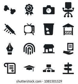 Set of vector isolated black icon - trash bin vector, camera, medal, graduate, document, broken bone, tv, fingerprint id, ink pen, alcove, rolling pin, office chair, hierarchy, contract, storefront