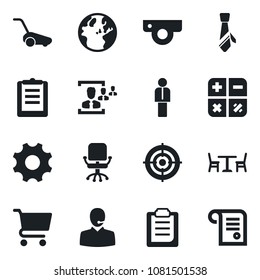 Set of vector isolated black icon - cafe vector, manager, office chair, calculator, lawn mower, clipboard, settings, hr, support, target, tie, web camera, earth, cart, contract