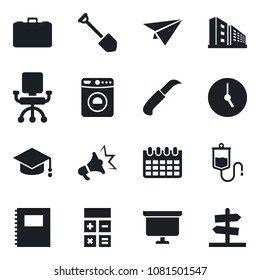 Set of vector isolated black icon - washer vector, case, calculator, graduate, presentation board, calendar, job, garden knife, dropper, clock, copybook, office building, chair, paper plane