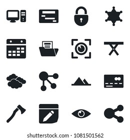 Set of vector isolated black icon - credit card vector, clouds, lock, axe, picnic table, eye, calendar, notes, document folder, mountains, pc, scan, police, schedule, social media