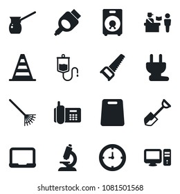Set of vector isolated black icon - passport control vector, border cone, notebook pc, shovel, rake, saw, dropper, microscope, office phone, clock, speaker, hdmi, cutting board, turkish coffee