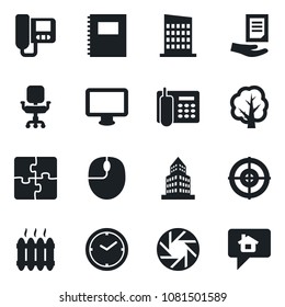 Set of vector isolated black icon - mouse vector, document, tree, monitor, mobile camera, application, copybook, clock, office building, phone, chair, target, heater, city house, intercom