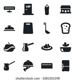 Set of vector isolated black icon - diet vector, serviette, reserved, reception, salad, waiter, bread, cafe building, candle, vip zone, ladle, cutting board, turkish coffee, fridge