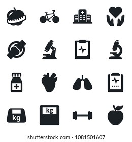 Set of vector isolated black icon - microscope vector, scales, pills bottle, barbell, bike, heart hand, lungs, real, joint, pulse clipboard, diet, hospital, heavy, apple fruit