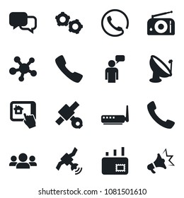 Set of vector isolated black icon - speaking man vector, gear, satellite, antenna, radio, dialog, share, call, mail, phone, router, home control app, group, advertising