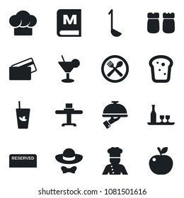 Set of vector isolated black icon - cook vector, alcohol, restaurant table, cafe, hat, menu, reserved, cocktail, phyto bar, waiter, salt and pepper, bread, dress code, credit card, ladle