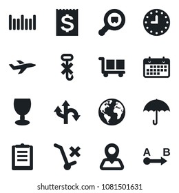 Set of vector isolated black icon - route vector, navigation, earth, plane, clock, term, receipt, clipboard, fragile, cargo, umbrella, no trolley, hook, search, barcode