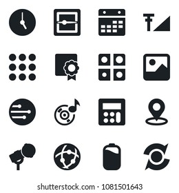 Set of vector isolated black icon - microphone vector, menu, gallery, calculator, clock, scanner, network, calendar, place tag, music, cellular signal, battery, application, sertificate, update