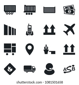 Set of vector isolated black icon - pin vector, plane, cash, office phone, support, truck trailer, cargo container, car delivery, sea port, consolidated, up side sign, sorting, flammable, route