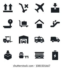 Set of vector isolated black icon - baggage trolley vector, escalator, fork loader, ambulance car, railroad, plane, delivery, sea port, warehouse storage, up side sign, no, package, heavy scales