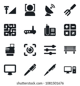 Set of vector isolated black icon - calculator vector, garden fork, bench, satellite antenna, monitor, radio phone, tuning, face id, eye, cellular signal, copier, pen, chip, router, pc