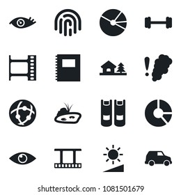 Set of vector isolated black icon - book vector, circle chart, barbell, eye, film frame, network, brightness, fingerprint id, copybook, pie graph, house with tree, pond, smoke detector, car