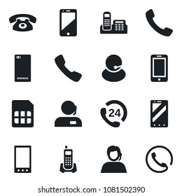 Set of vector isolated black icon - mobile phone vector, office, 24 hours, support, cell, back, call, sim