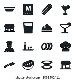 Set of vector isolated black icon - cook vector, dish, alcohol, hat, menu, drink, cocktail, plates, bacon, cafe building, steak, bowl, knife, storefront