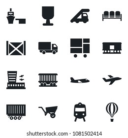 Set of vector isolated black icon - train vector, waiting area, ladder car, plane, airport building, wheelbarrow, railroad, truck trailer, delivery, sea port, container, consolidated cargo, fragile