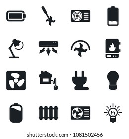 Set of vector isolated black icon - bulb vector, ripper, low battery, desk lamp, air conditioner, home control, power plug, fan, water heater, radiator, idea