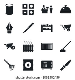 Set of vector isolated black icon - passport control vector, safe, rake, wheelbarrow, hoe, scalpel, cargo container, oil barrel, rack, application, ink pen, heater, dish, knife