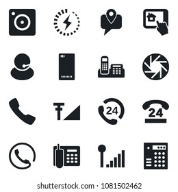 Set of vector isolated black icon - 24 hours vector, support, mobile tracking, phone back, call, camera, cellular signal, charge, office, home control app, combination lock