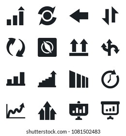 Set of vector isolated black icon - left arrow vector, growth statistic, route, up side sign, sorting, update, data exchange, compass, bar graph, clock, presentation