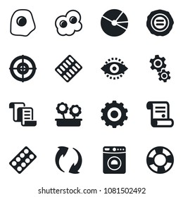 Set of vector isolated black icon - washer vector, gear, contract, stamp, pills blister, update, eye id, pie graph, target, flower in pot, omelette, crisis management