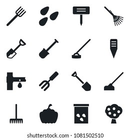 Set of vector isolated black icon - job vector, garden fork, shovel, farm, rake, hoe, plant label, pumpkin, seeds, drip irrigation, fruit tree