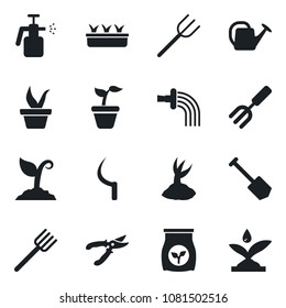 Set of vector isolated black icon - job vector, garden fork, farm, seedling, watering can, sproute, pruner, sickle, sprayer, fertilizer, irrigation