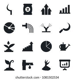 Set of vector isolated black icon - growth statistic vector, watering can, sproute, sickle, fertilizer, drip irrigation, bar graph, pie, arrow up, presentation