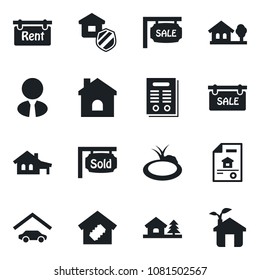 Set of vector isolated black icon - house vector, pond, contract, with garage, tree, estate document, sale, rent, sold signboard, agent, smart home, insurance, eco