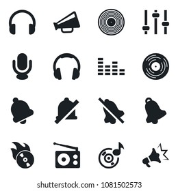 Set of vector isolated black icon - vinyl vector, flame disk, radio, loudspeaker, equalizer, microphone, headphones, tuning, bell, mute, music, advertising